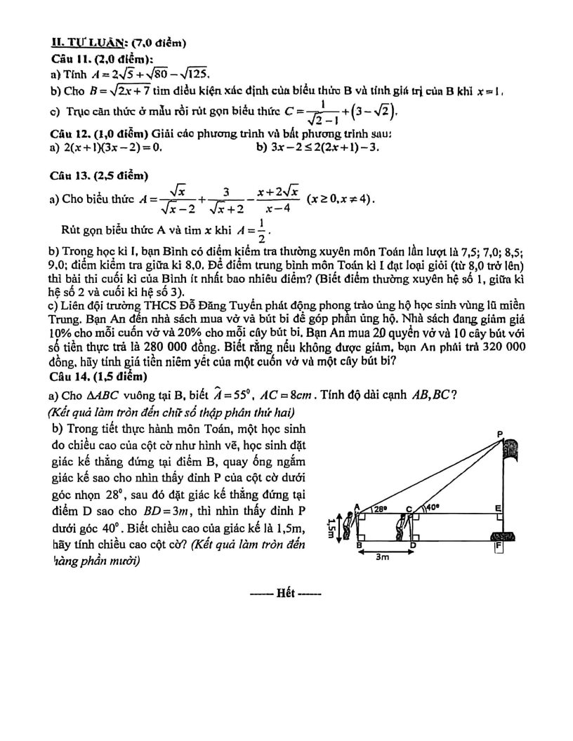 Đề thi Học kì 1 Toán 9 trường THCS Đỗ Đăng Tuyển (Đà Nẵng) năm 2025-2026