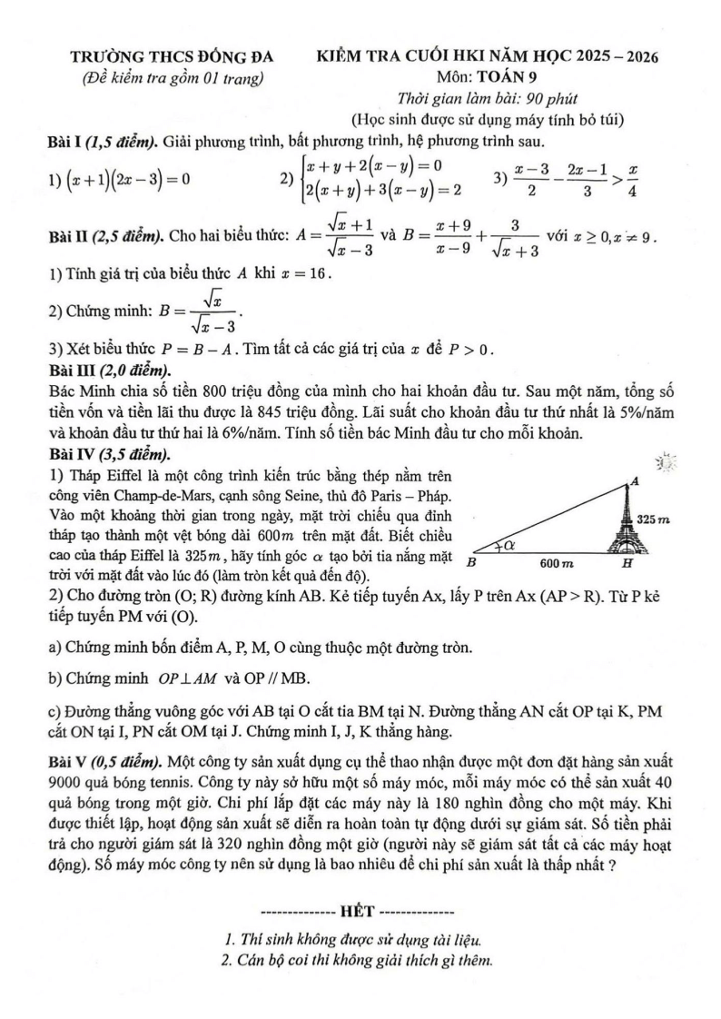 Đề thi Học kì 1 Toán 9 trường THCS Đống Đa (Hà Nội) năm 2025-2026