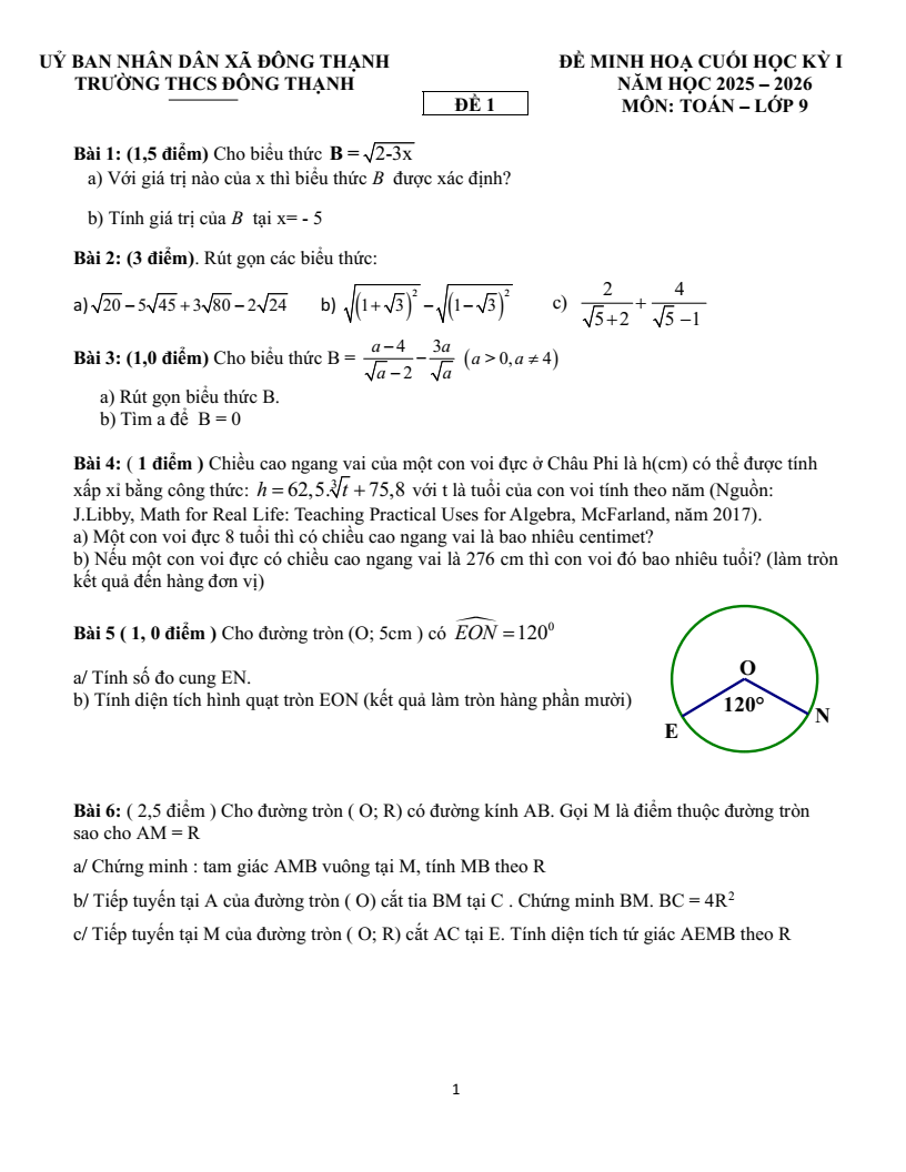 Đề thi Học kì 1 Toán 9 trường THCS Đông Thạnh (Tp.HCM) năm 2025-2026
