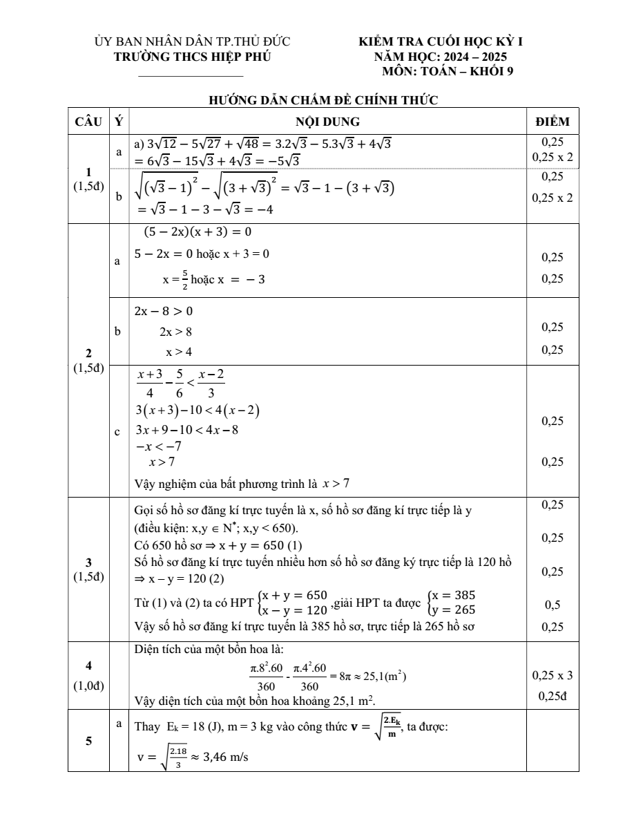 Đề thi Học kì 1 Toán 9 năm 2024-2025 trường THCS Hiệp Phú (TP. HCM)