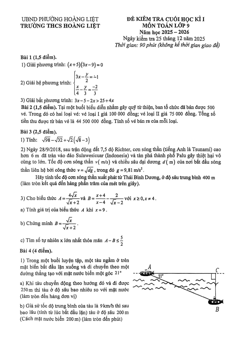 Đề thi Học kì 1 Toán 9 trường THCS Hoàng Liệt (Hà Nội) năm 2025-2026