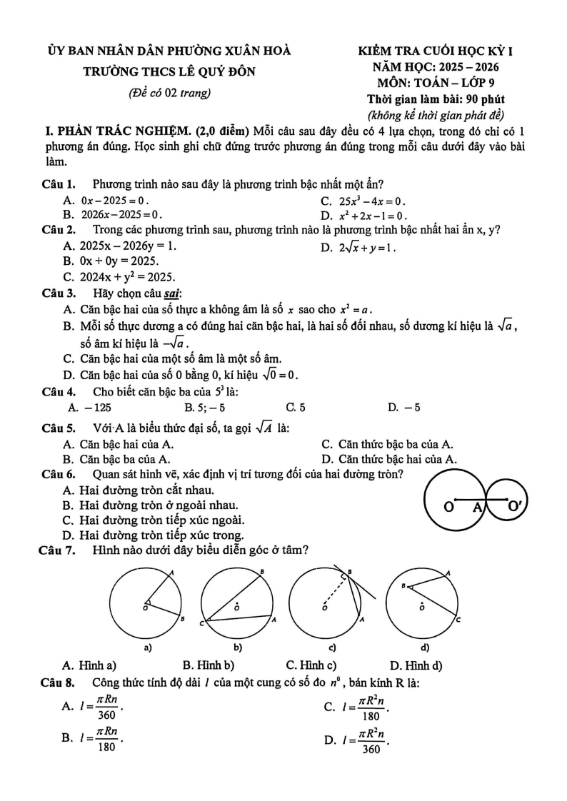 Đề thi Học kì 1 Toán 9 trường THCS Lê Quý Đôn (Tp.HCM) năm 2025-2026
