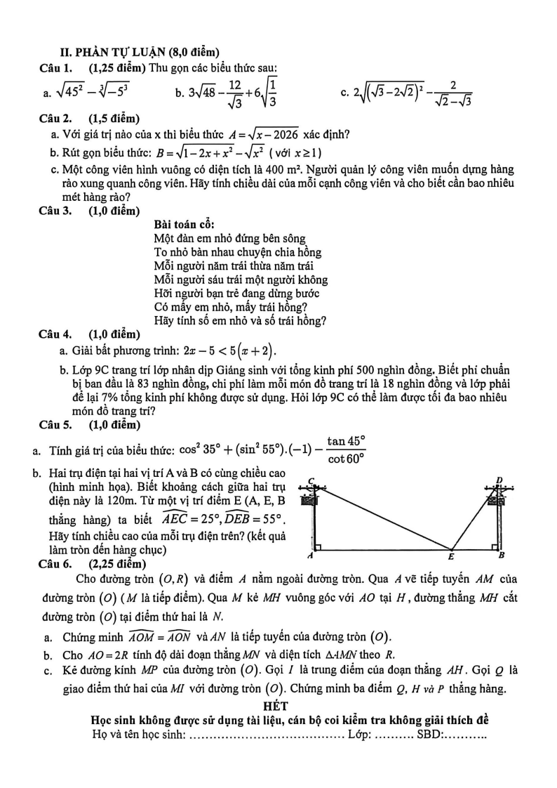 Đề thi Học kì 1 Toán 9 trường THCS Lê Quý Đôn (Tp.HCM) năm 2025-2026