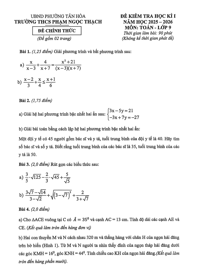 Đề thi Học kì 1 Toán 9 trường THCS Phạm Ngọc Thạch (Tp.HCM) năm 2025-2026