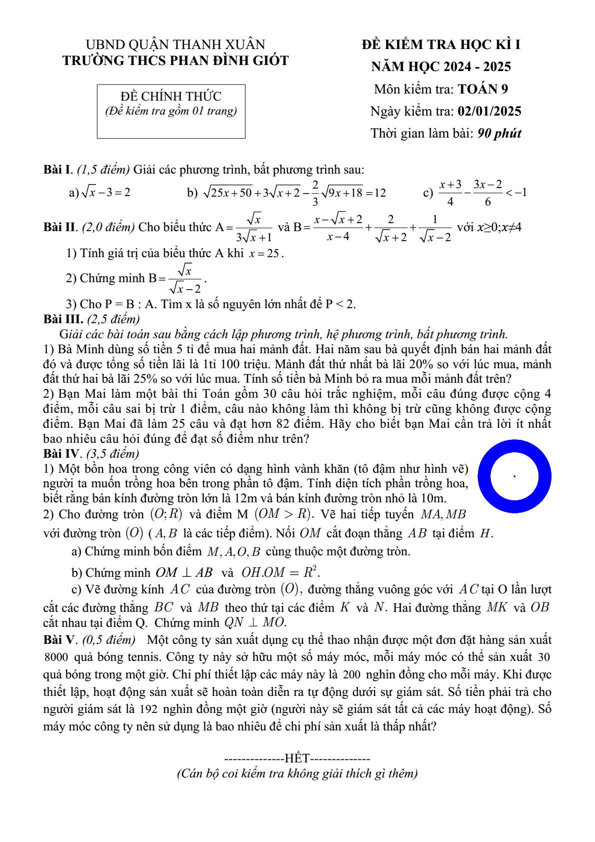 Đề thi Học kì 1 Toán 9 năm 2024-2025 trường THCS Phan Đình Giót (Hà Nội)