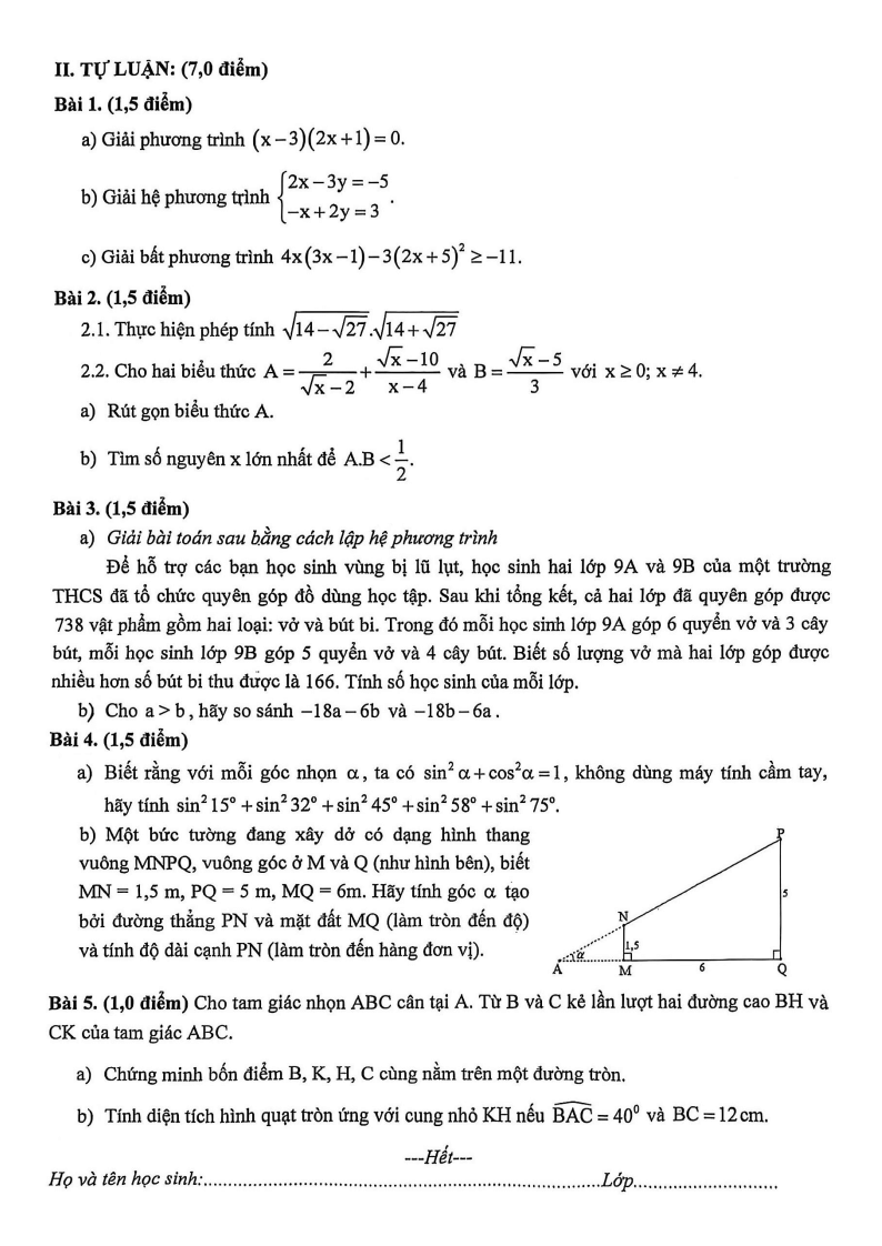 Đề thi Học kì 1 Toán 9 trường THCS Tây Sơn (Đà Nẵng) năm 2025-2026