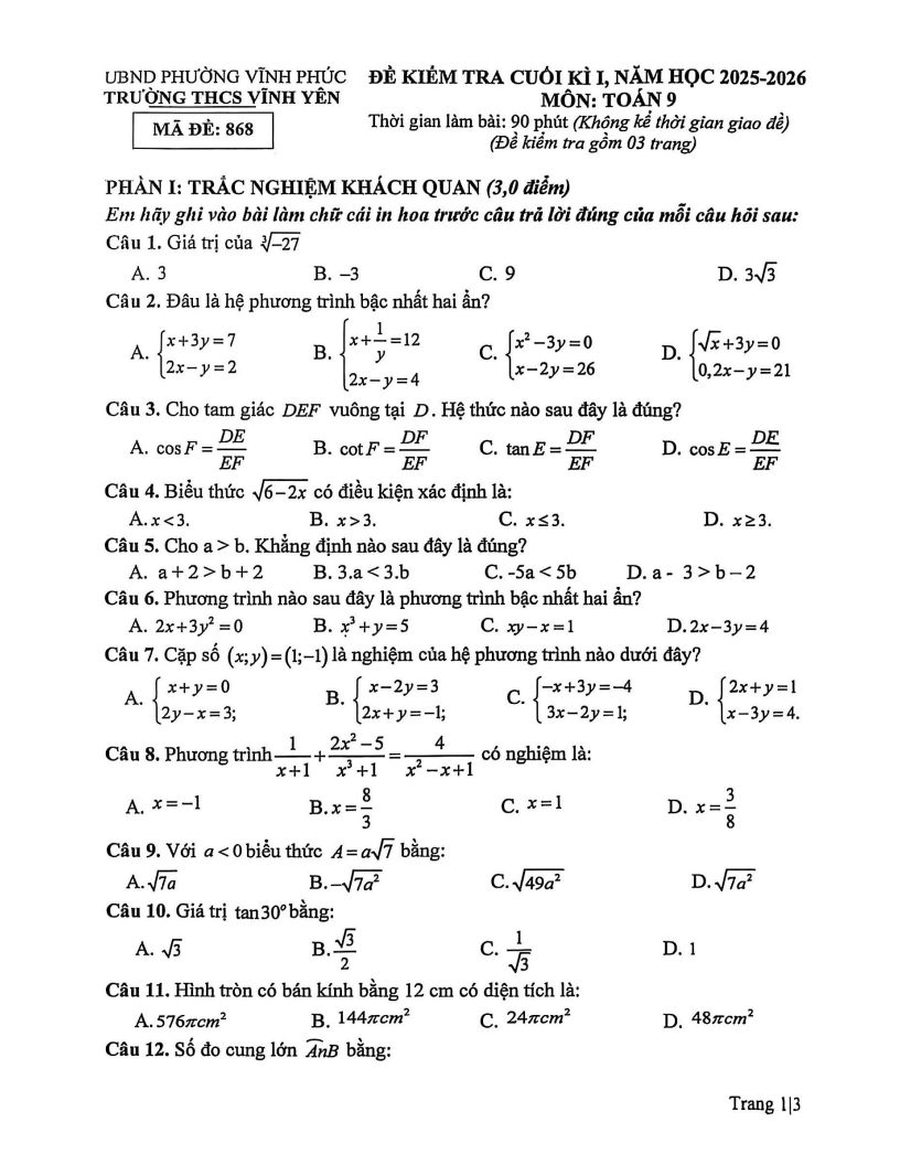 Đề thi Học kì 1 Toán 9 trường THCS Vĩnh Yên (Phú Thọ) năm 2025-2026