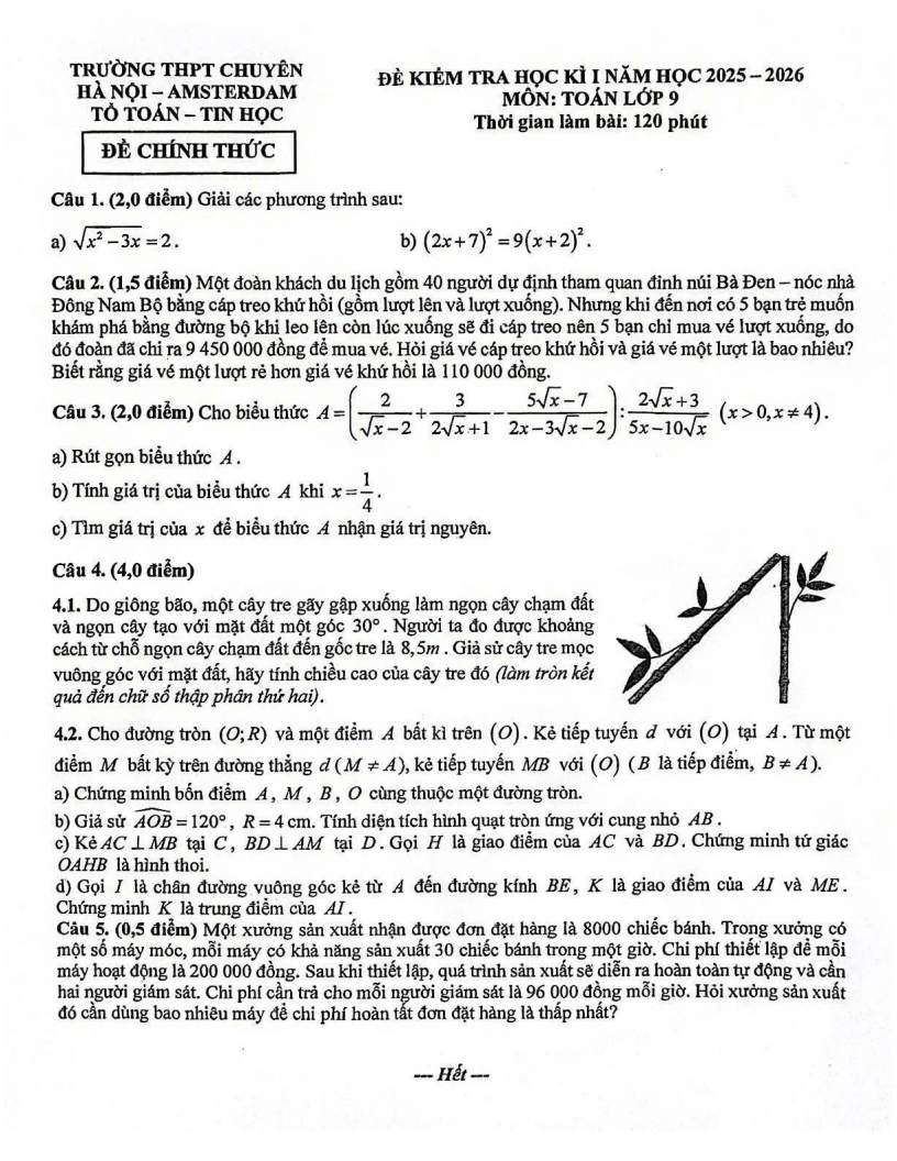 Đề thi Học kì 1 Toán 9 trường THPT chuyên Hà Nội – Amsterdam năm 2025-2026