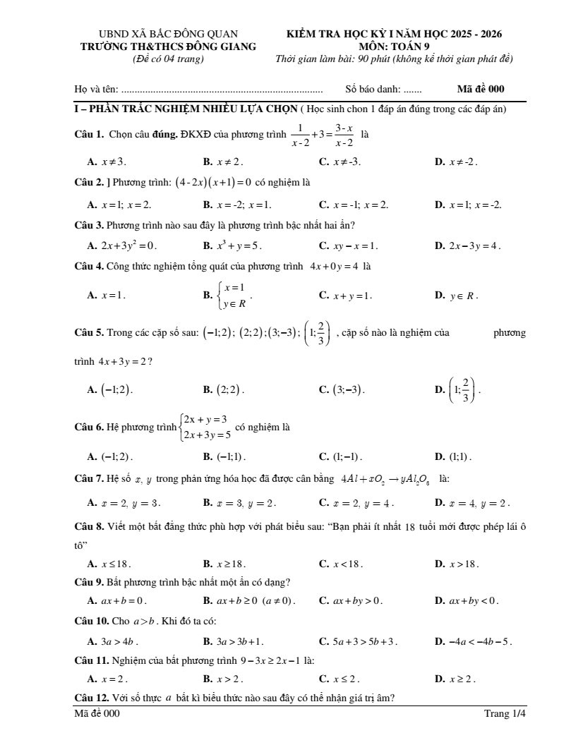 Đề thi Học kì 1 Toán 9 trường TH&THCS Đông Giang (Hưng Yên) năm 2025-2026