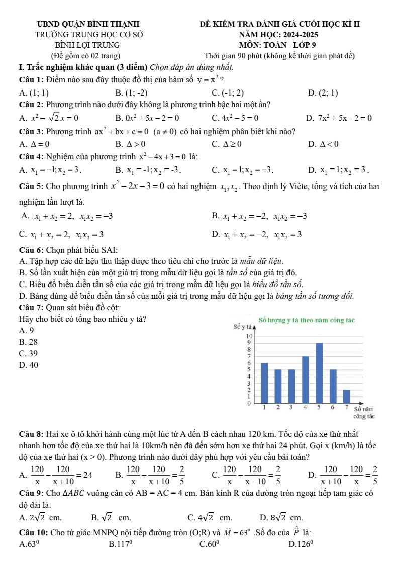 Đề thi Học kì 2 Toán 9 phòng GD&ĐT Bình Thạnh (Tp.HCM) năm 2024-2025