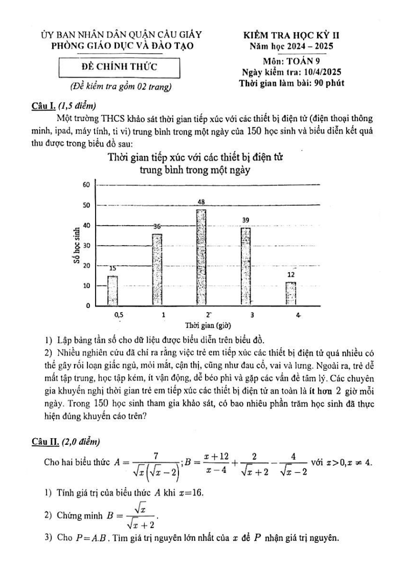 Đề thi Học kì 2 Toán 9 phòng GD&ĐT Cầu Giấy (Hà Nội) năm 2024-2025