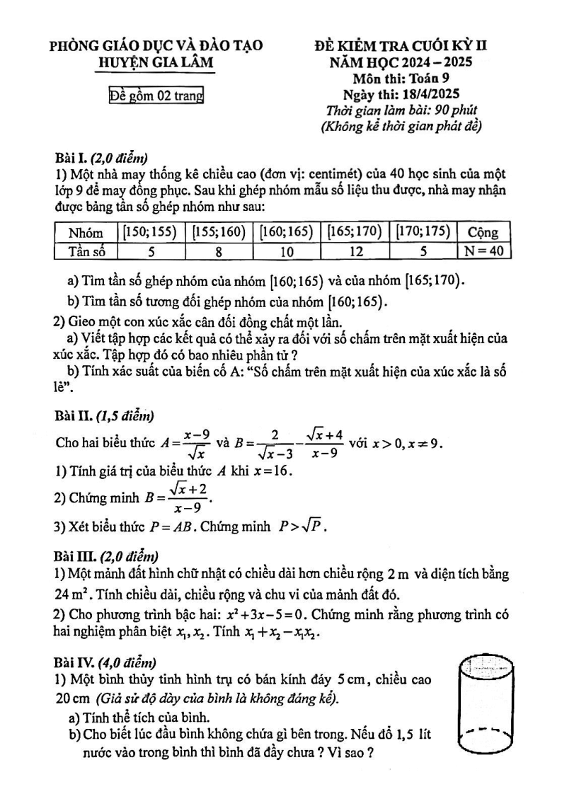 Đề thi Học kì 2 Toán 9 phòng GD&ĐT Gia Lâm (Hà Nội) năm 2024-2025