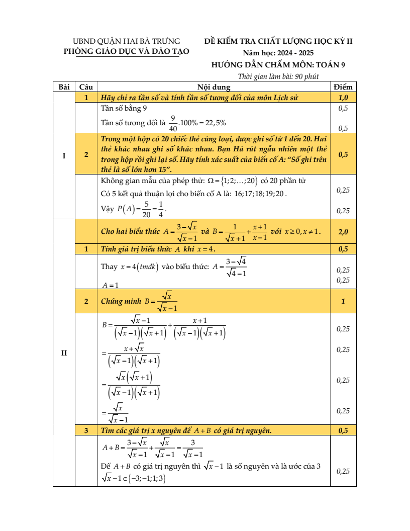 Đề thi Học kì 2 Toán 9 phòng GD&ĐT Hai Bà Trưng (Hà Nội) năm 2024-2025
