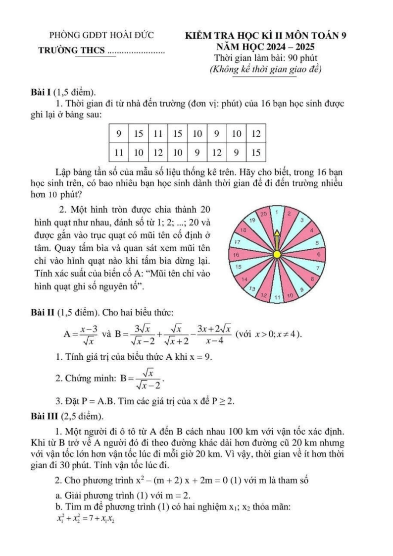 Đề thi Học kì 2 Toán 9 phòng GD&ĐT Hoài Đức (Hà Nội) năm 2024-2025