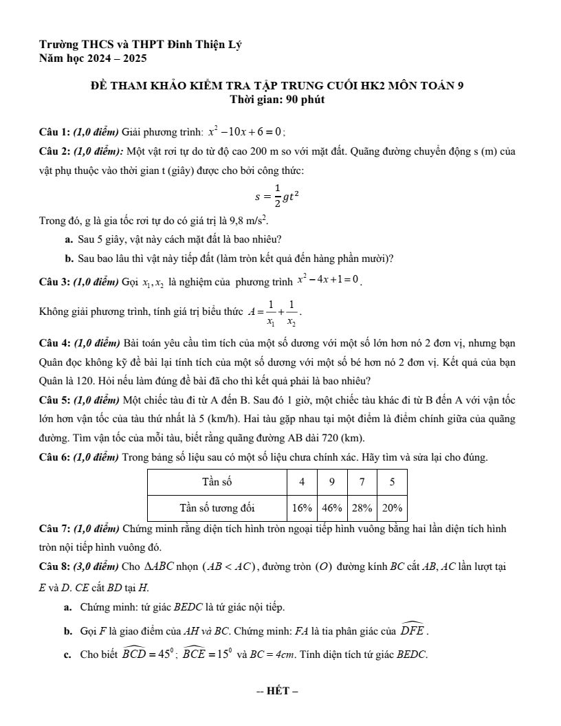 Đề thi Học kì 2 Toán 9 phòng GD&ĐT Quận 7 (Tp.HCM) năm 2024-2025