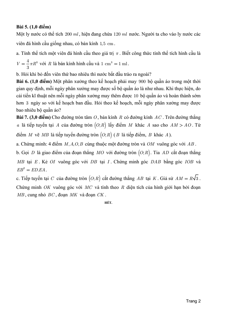 Đề thi Học kì 2 Toán 9 phòng GD&ĐT Tân Phú (Tp.HCM) năm 2024-2025