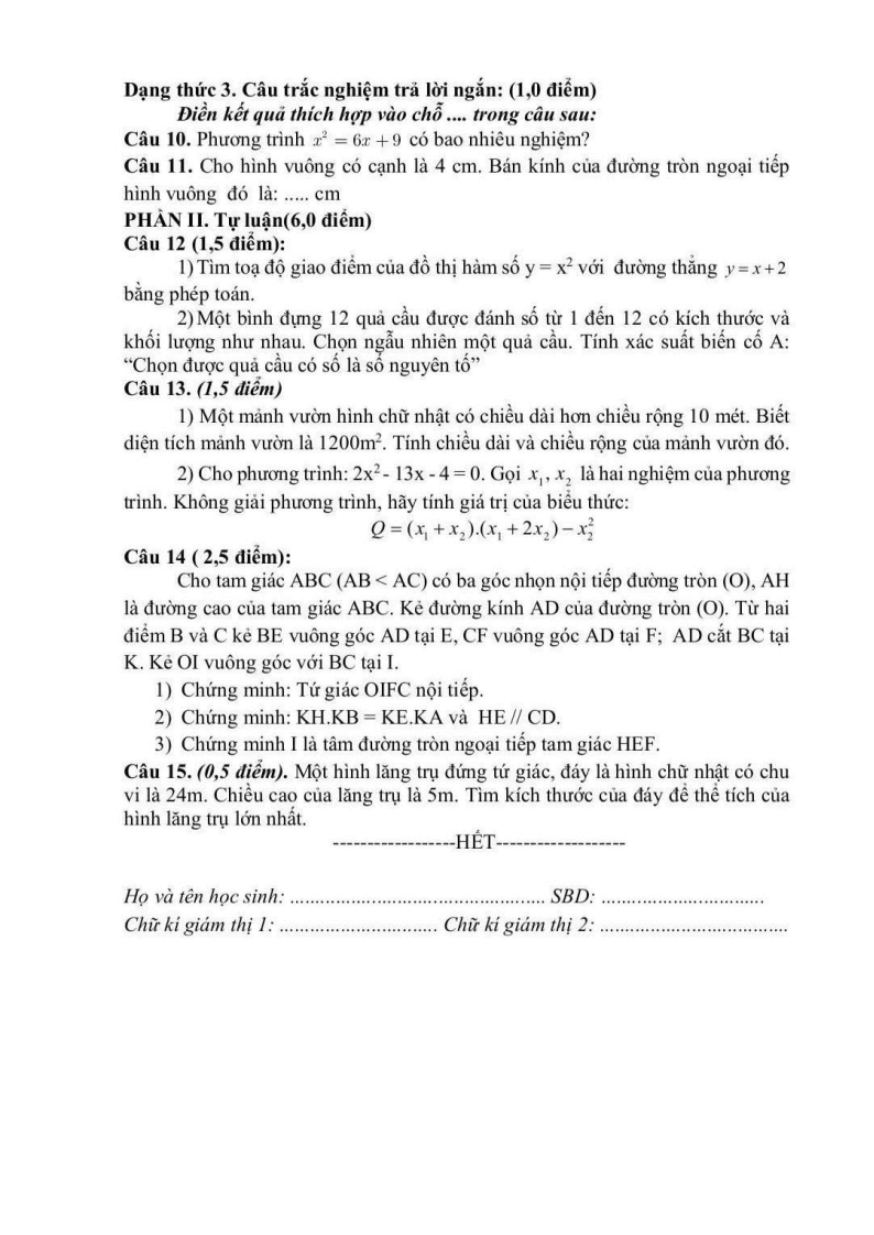 Đề thi Học kì 2 Toán 9 phòng GD&ĐT TP Hải Dương năm 2024-2025