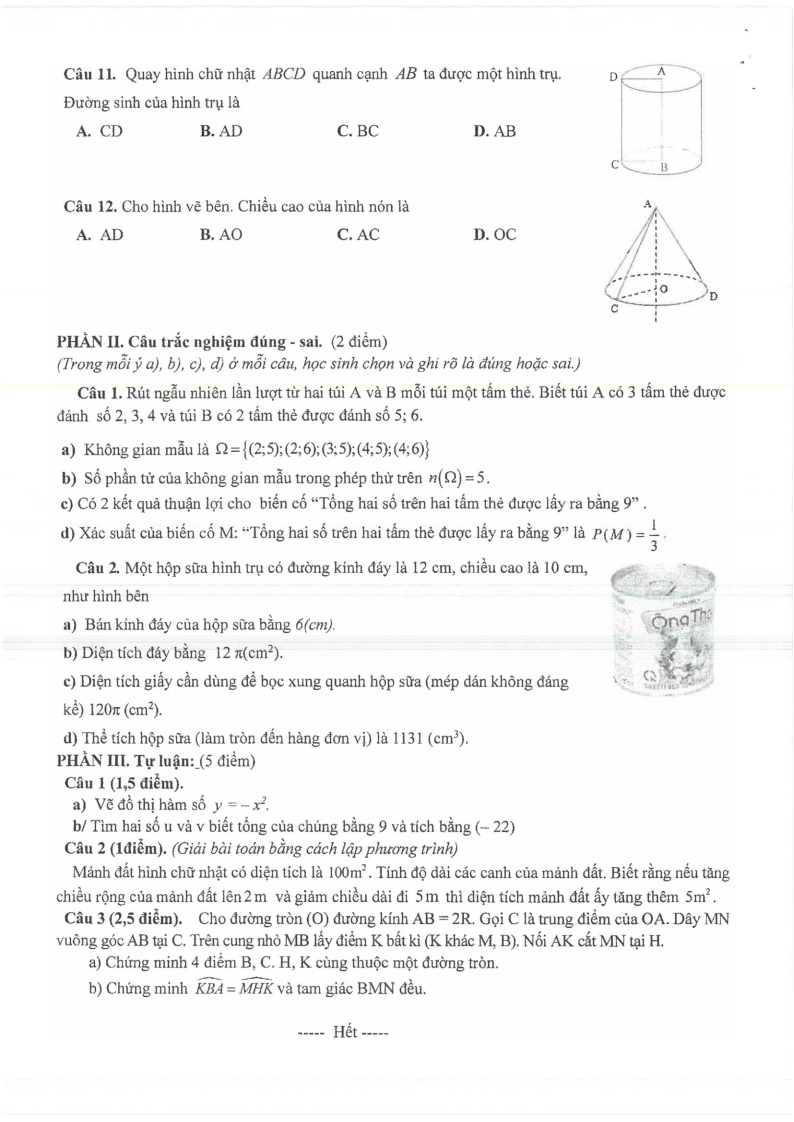 Đề thi Học kì 2 Toán 9 sở GD&ĐT Bình Dương năm 2024-2025