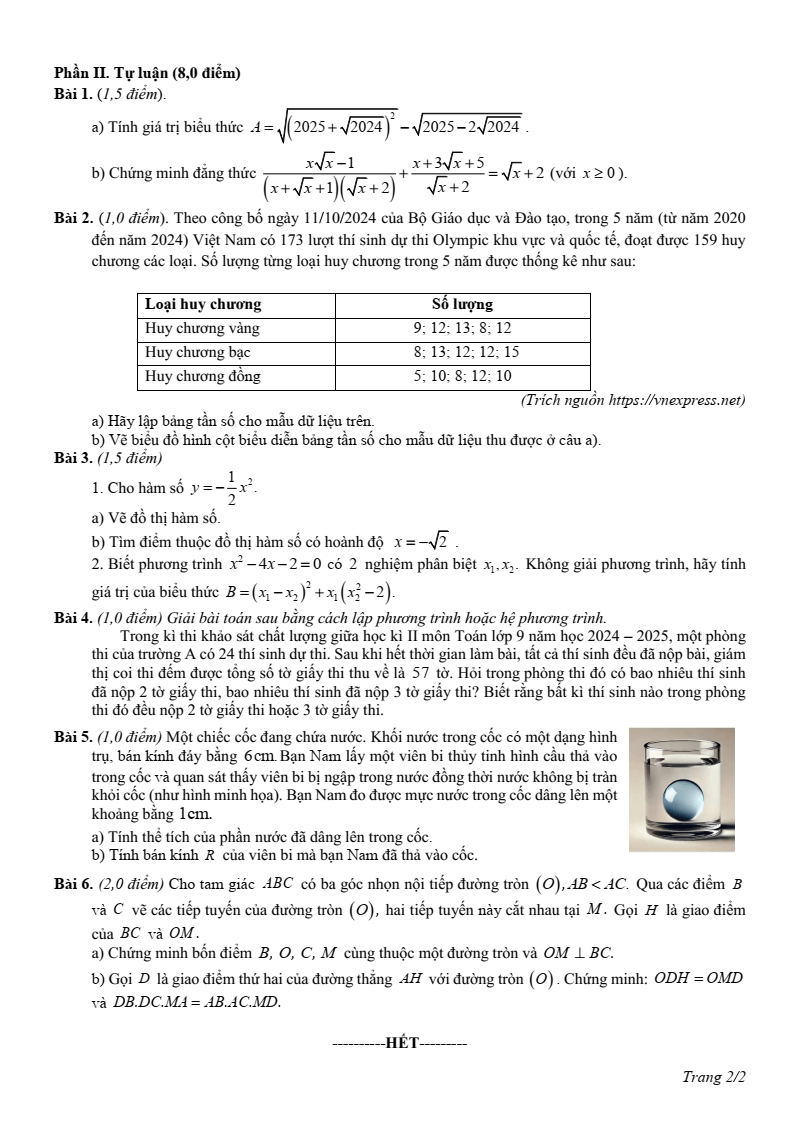 Đề thi Học kì 2 Toán 9 sở GD&ĐT Nam Định năm 2024-2025