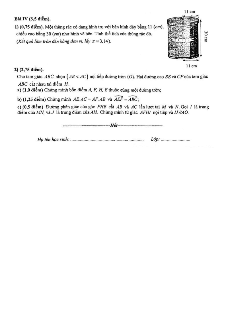 Đề thi Học kì 2 Toán 9 trường M.V. Lômônôxốp (Hà Nội) năm 2024-2025