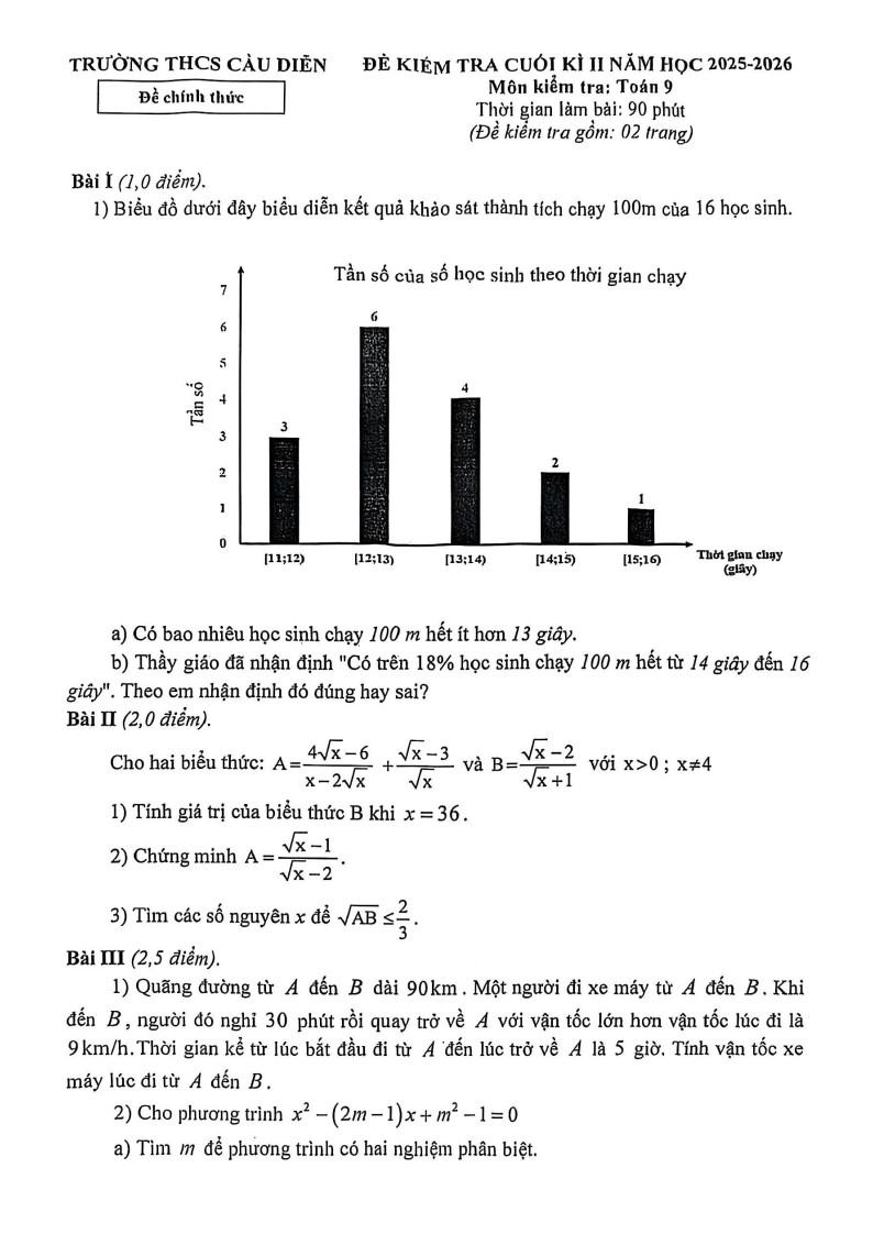 Đề thi Học kì 2 Toán 9 trường THCS Cầu Diễn (Hà Nội) năm 2025-2026