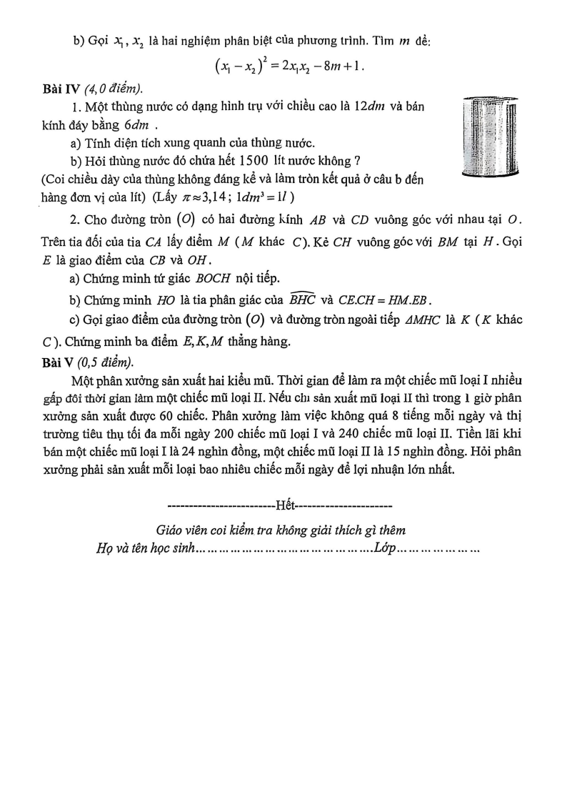 Đề thi Học kì 2 Toán 9 trường THCS Cầu Diễn (Hà Nội) năm 2025-2026