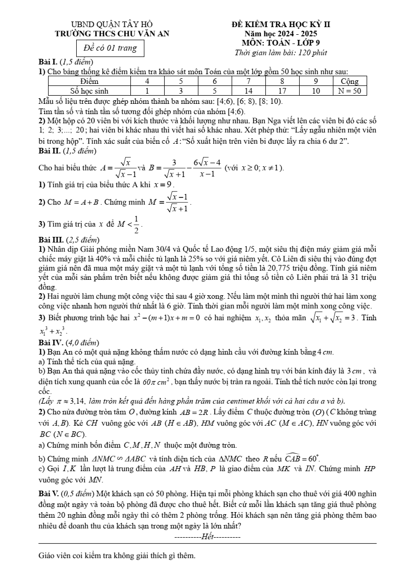 Đề thi Học kì 2 Toán 9 trường THCS Chu Văn An (Hà Nội) năm 2024-2025