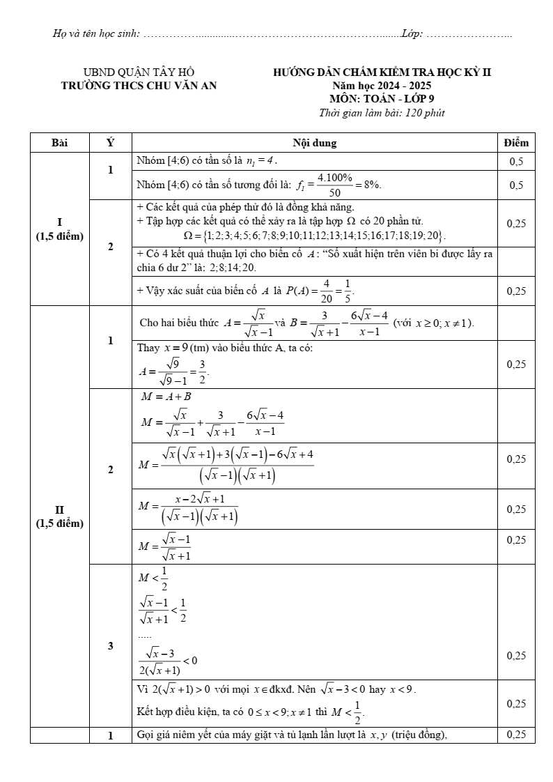 Đề thi Học kì 2 Toán 9 trường THCS Chu Văn An (Hà Nội) năm 2024-2025