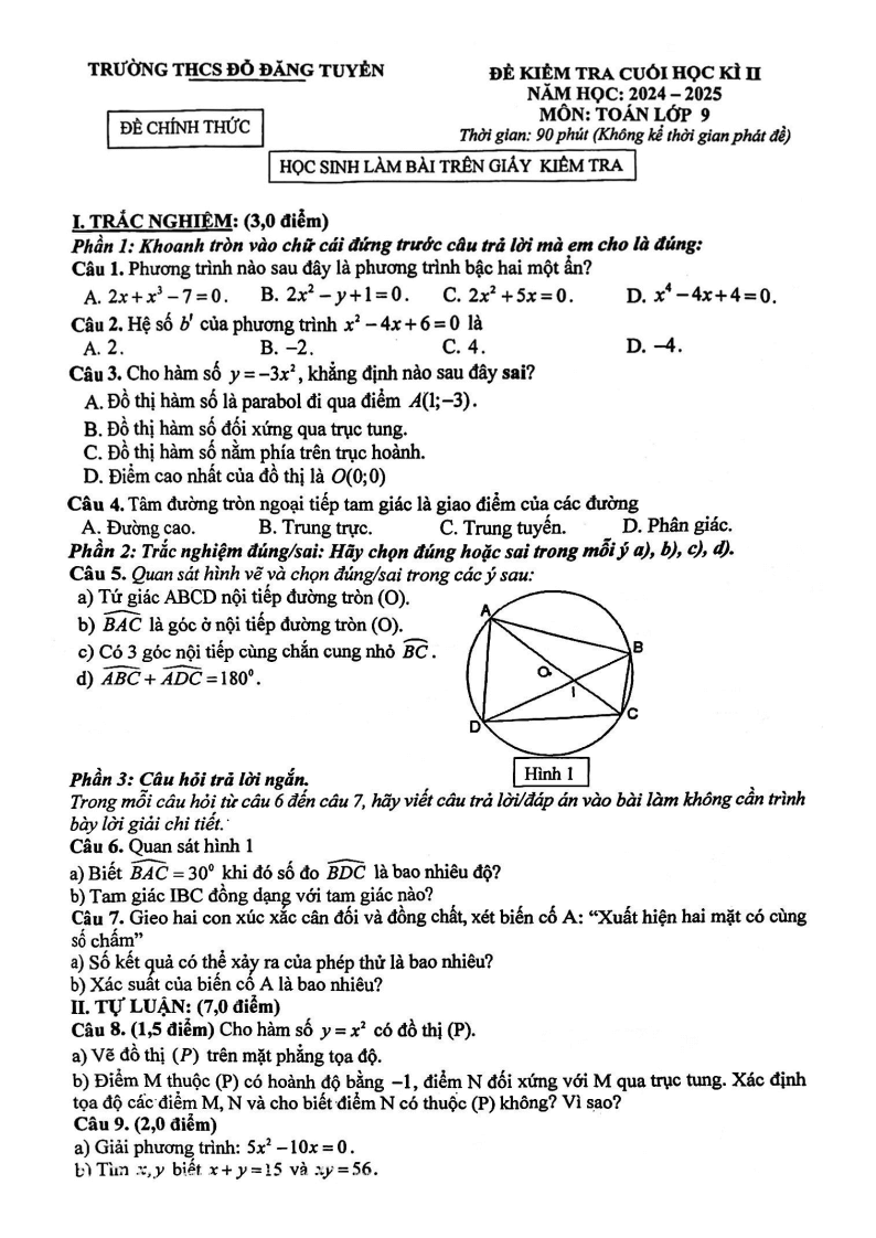 Đề thi Học kì 2 Toán 9 trường THCS Đỗ Đăng Tuyển (Đà Nẵng) năm 2024-2025