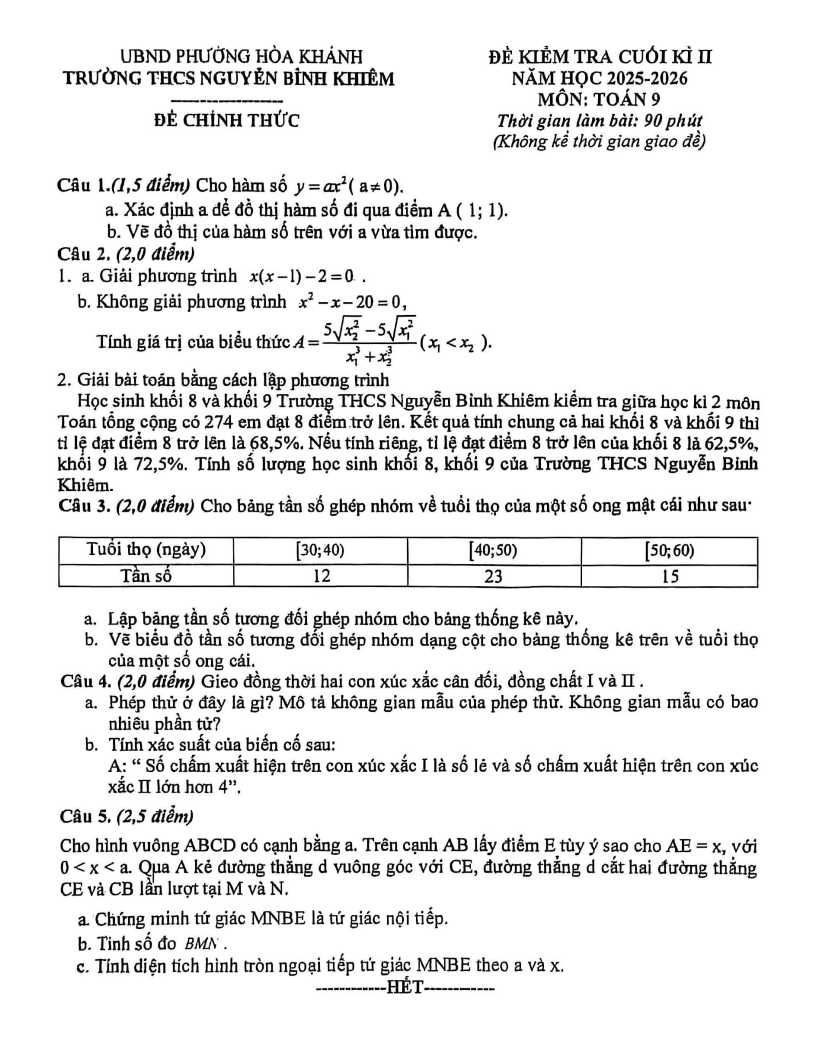 Đề thi Học kì 2 Toán 9 trường THCS Nguyễn Bỉnh Khiêm (Đà Nẵng) năm 2025-2026