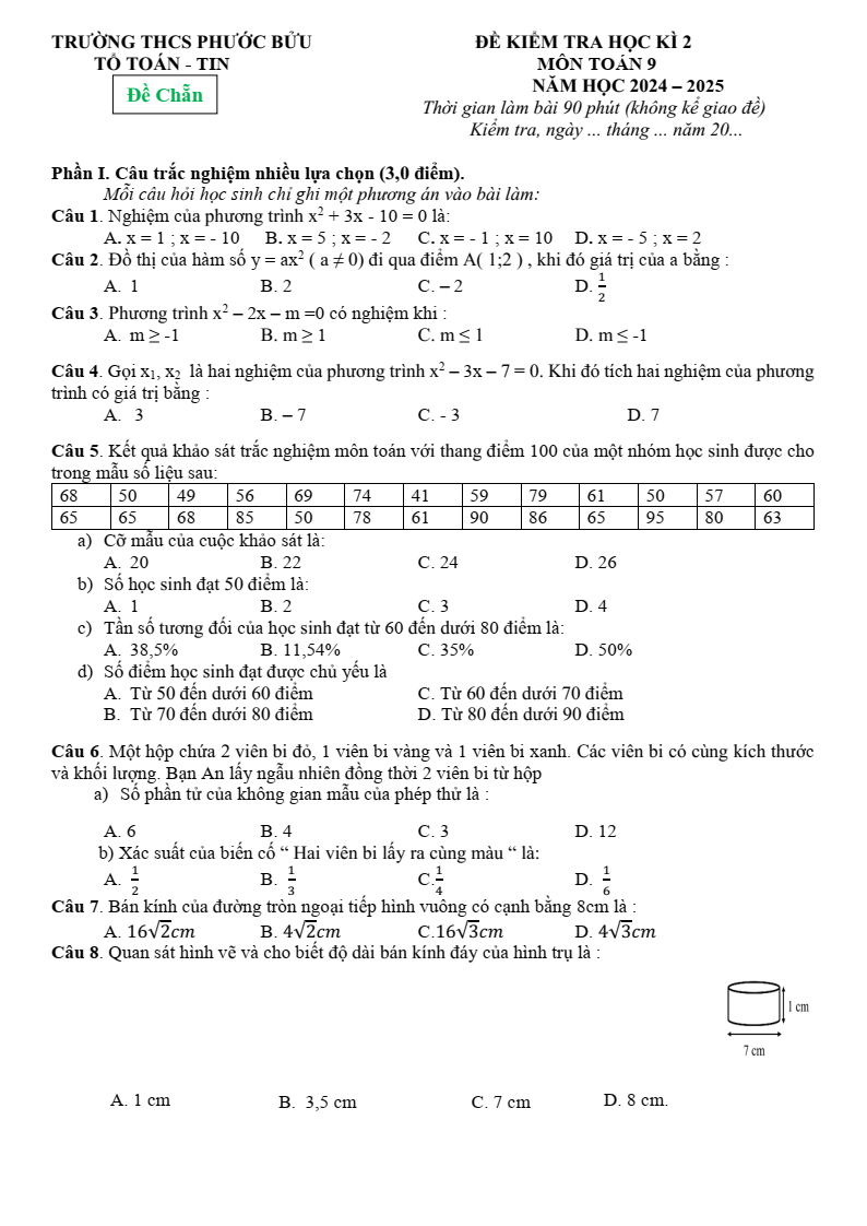 Đề thi Học kì 2 Toán 9 trường THCS Phước Bửu (Bà Rịa - Vũng Tàu) năm 2024-2025