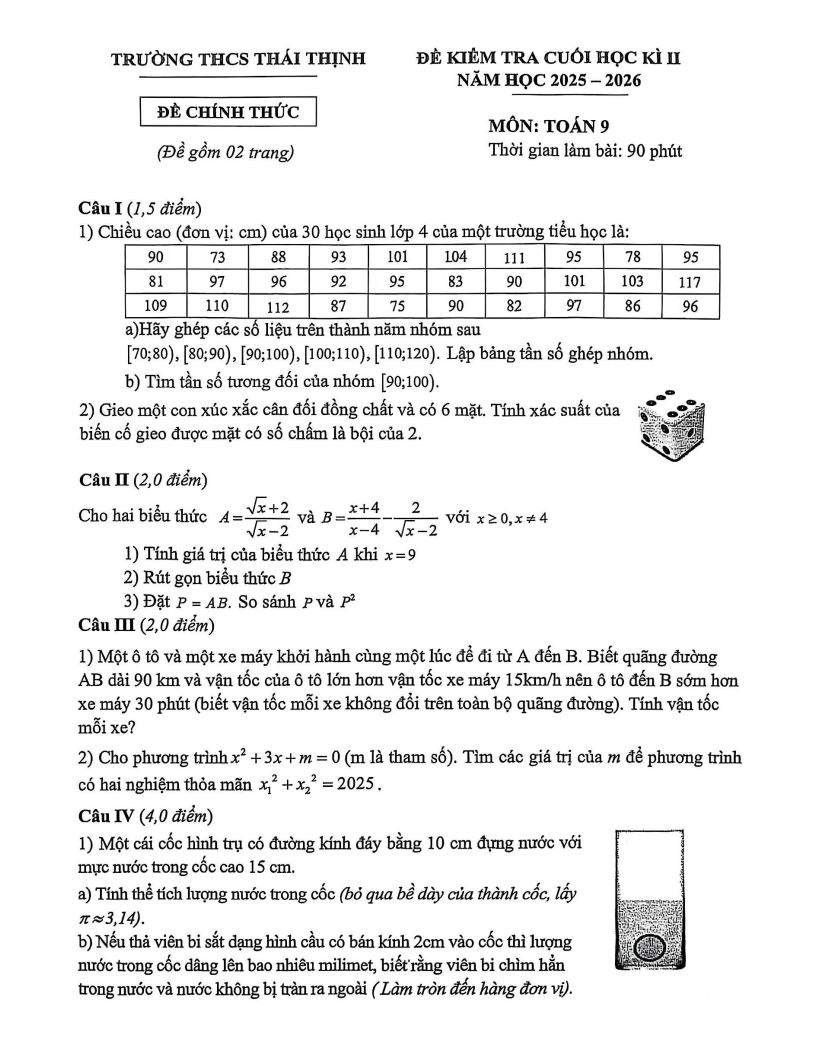 Đề thi Học kì 2 Toán 9 trường THCS Thái Thịnh (Hà Nội) năm 2025-2026
