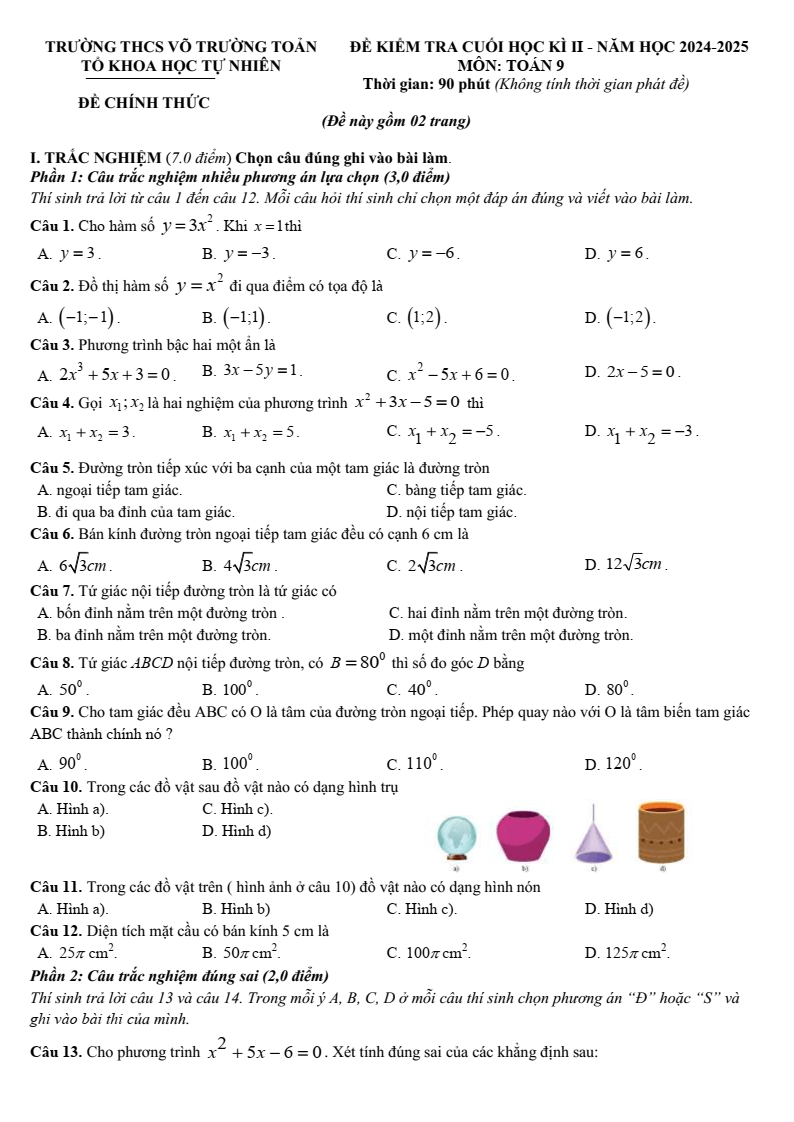 Đề thi Học kì 2 Toán 9 trường THCS Võ Trường Toản (Bà Rịa - Vũng Tàu) năm 2024-2025