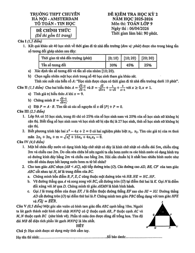 Đề thi Học kì 2 Toán 9 trường THPT chuyên Hà Nội – Amsterdam (Hà Nội) năm 2025-2026