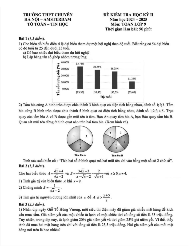 Đề thi Học kì 2 Toán 9 trường THPT chuyên Hà Nội – Amsterdam năm 2024-2025