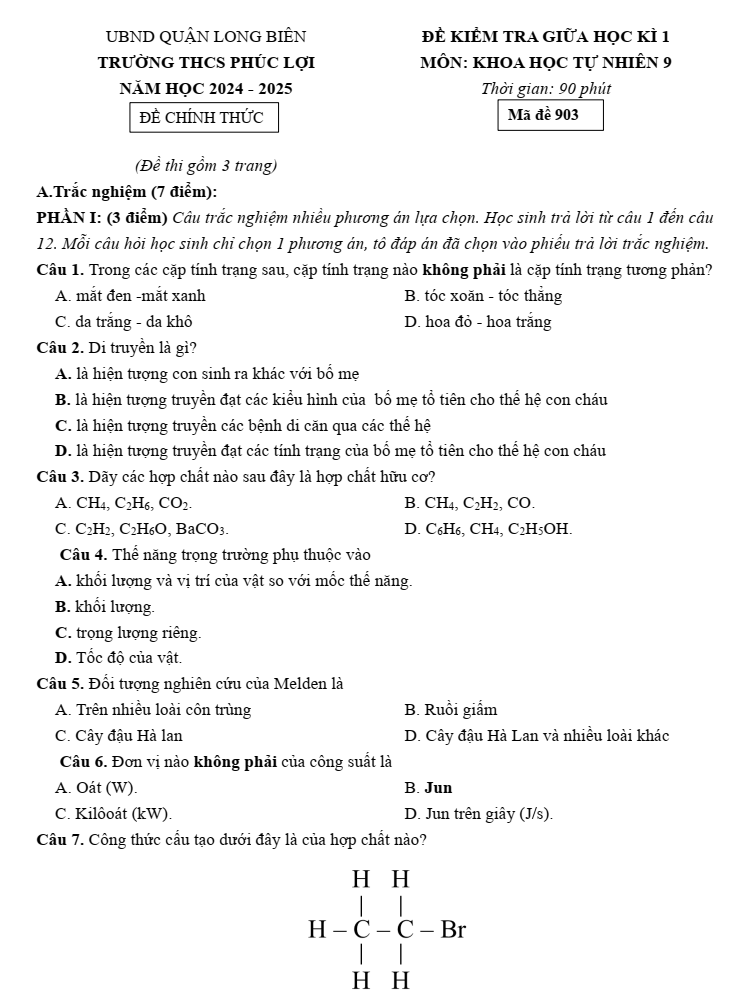 Đề thi Giữa kì 1 KHTN 9 năm 2024-2025 trường THCS Phúc Lợi (Hà Nội)