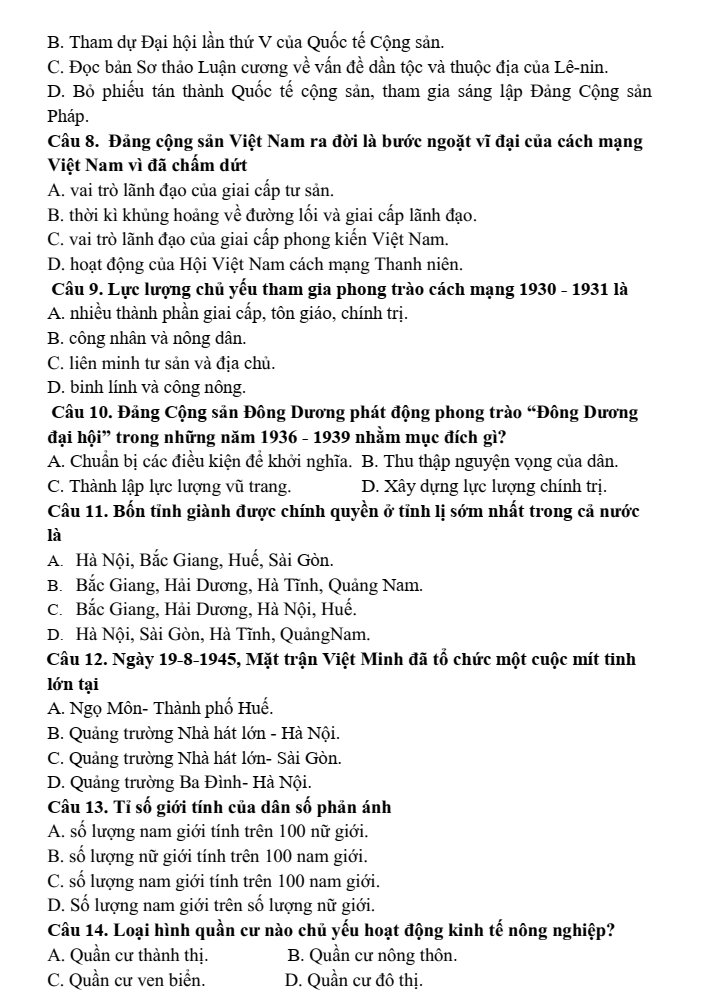 Đề thi Giữa kì 1 Lịch Sử và Địa Lí 9 năm 2025-2026 trường THCS Bát Tràng (Hà Nội)