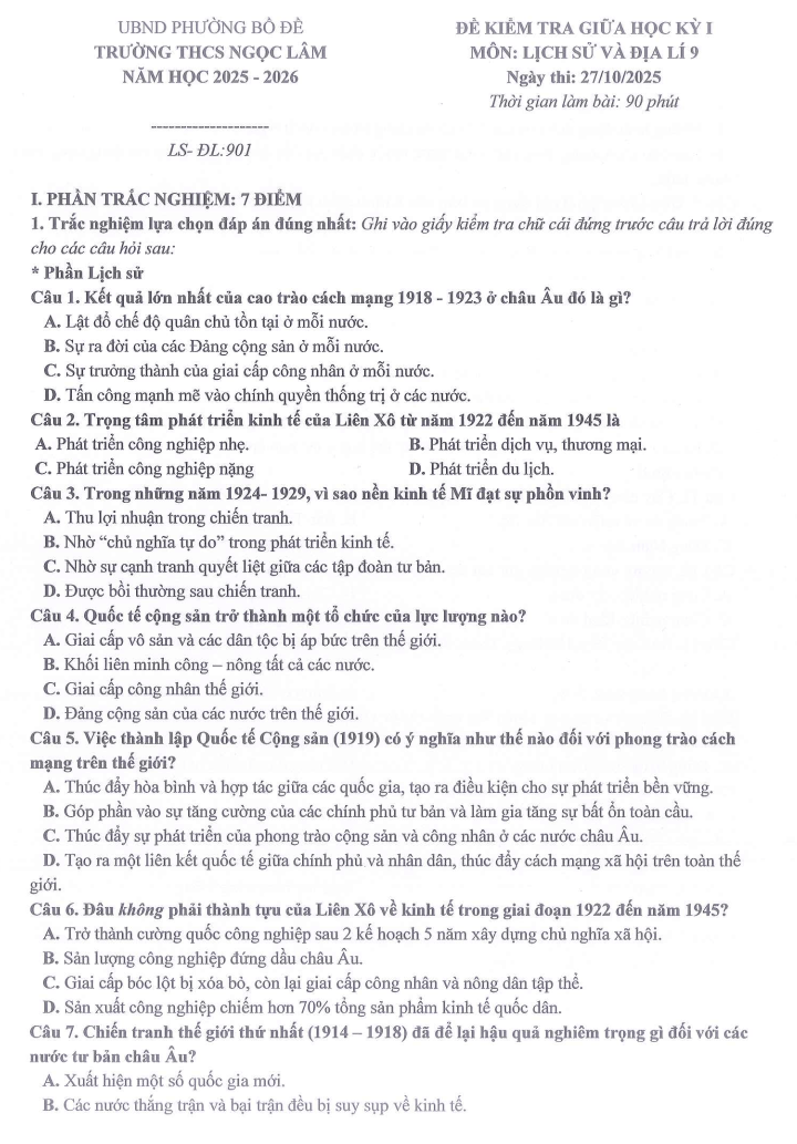 Đề thi Giữa kì 1 Lịch Sử và Địa Lí 9 năm 2025-2026 trường THCS Ngọc Lâm (Hà Nội)