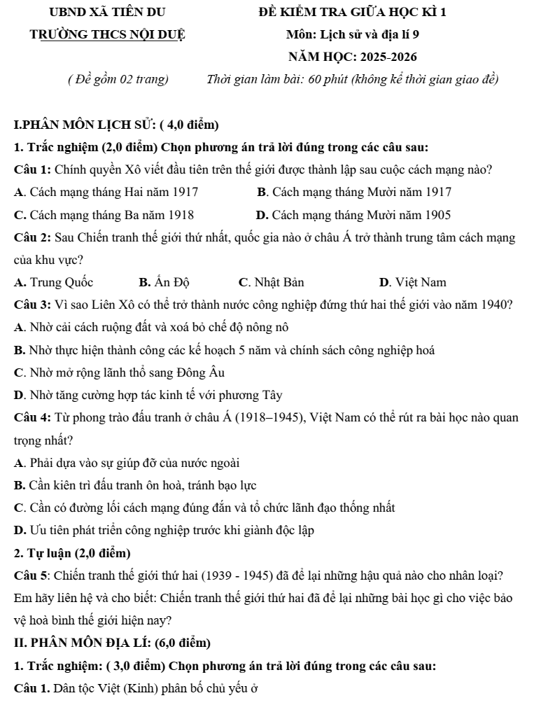 Đề thi Giữa kì 1 Lịch Sử và Địa Lí 9 năm 2025-2026 trường THCS Nội Duệ (Bắc Ninh)