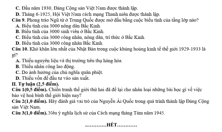 Đề thi Giữa kì 1 Lịch Sử và Địa Lí 9 năm 2024-2025 trường TH&THCS Vinh Quang (Kon Tum)