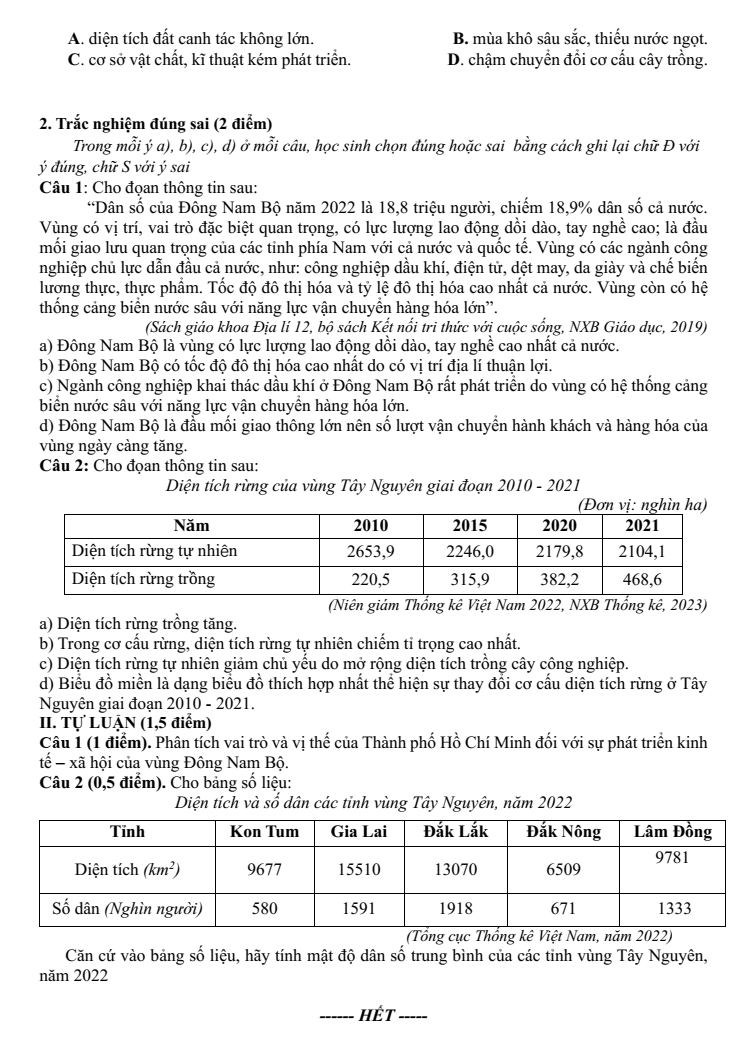 Đề thi Học kì 2 Lịch Sử và Địa Lí 9 năm 2025-2026 trường THCS Ngô Gia Tự (Hà Nội)