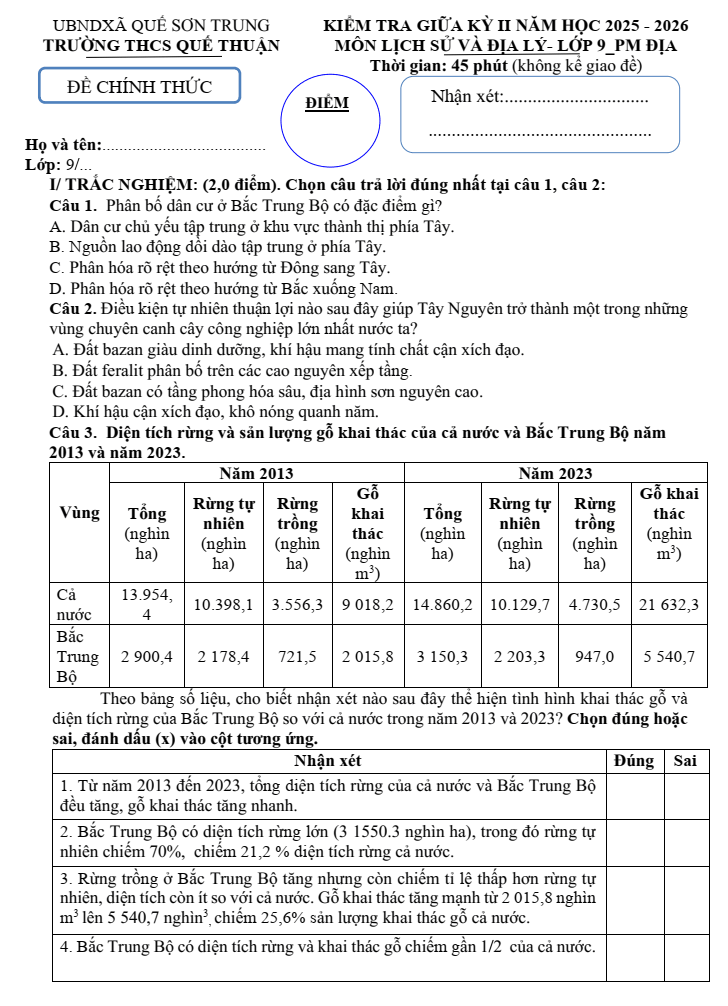 Đề thi Giữa kì 2 Lịch Sử và Địa Lí 9 năm 2025-2026 trường THCS Quế Thuận (Đà Nẵng)