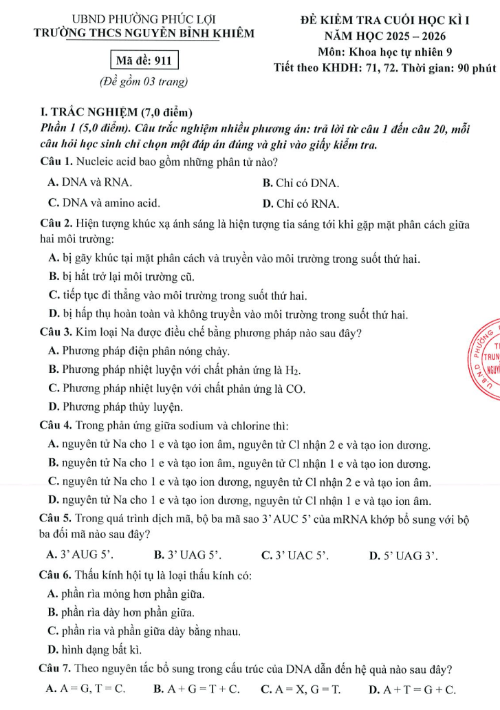 Đề thi Học kì 1 KHTN 9 năm 2025-2026 trường THCS Nguyễn Bỉnh Khiêm (Hà Nội)