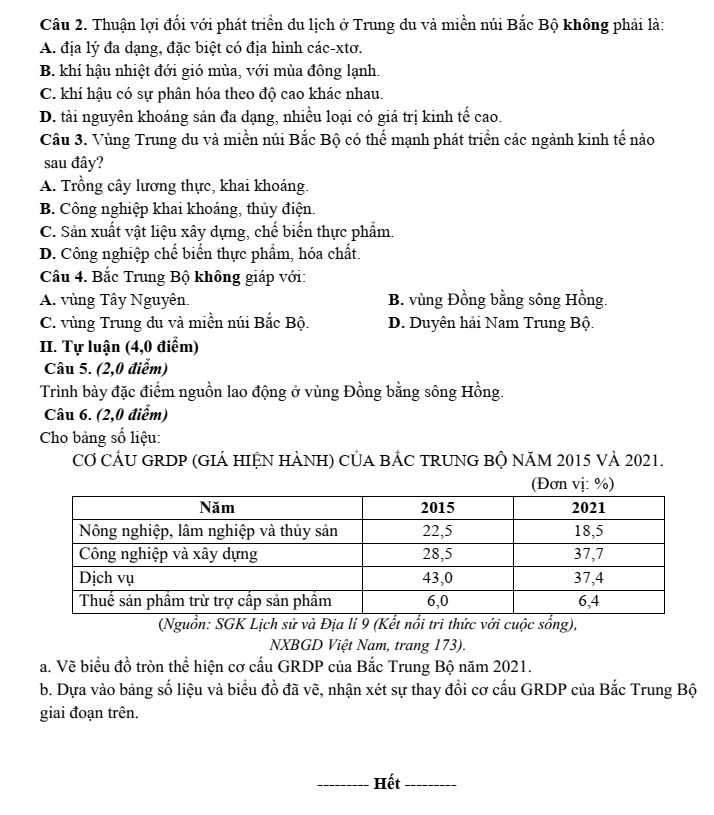 Đề thi Học kì 1 Lịch Sử và Địa Lí 9 năm 2024-2025 Sở Bắc Ninh