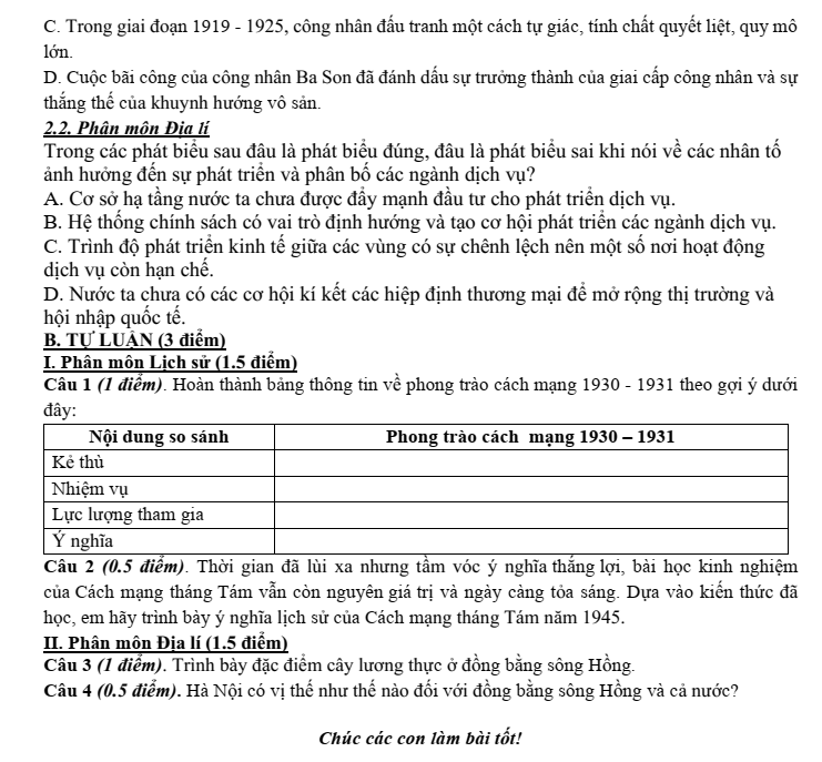 Đề thi Học kì 1 Lịch Sử và Địa Lí 9 năm 2025-2026 trường THCS Lý Sơn (Hà Nội)