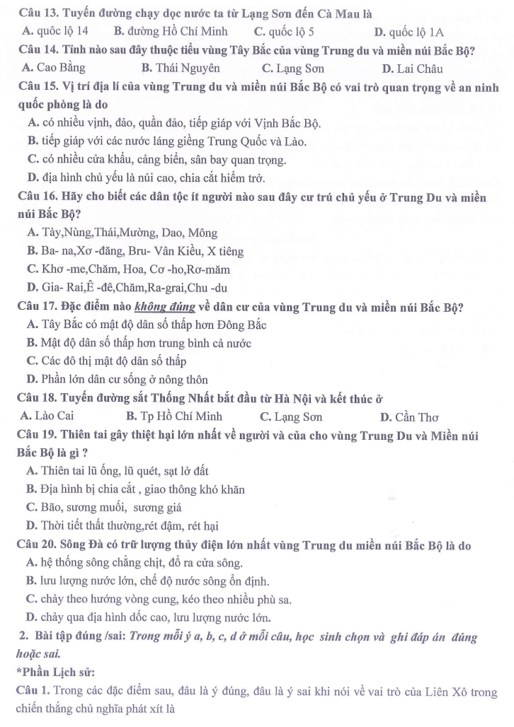 Đề thi Học kì 1 Lịch Sử và Địa Lí 9 năm 2025-2026 trường THCS Ngọc Lâm (Hà Nội)