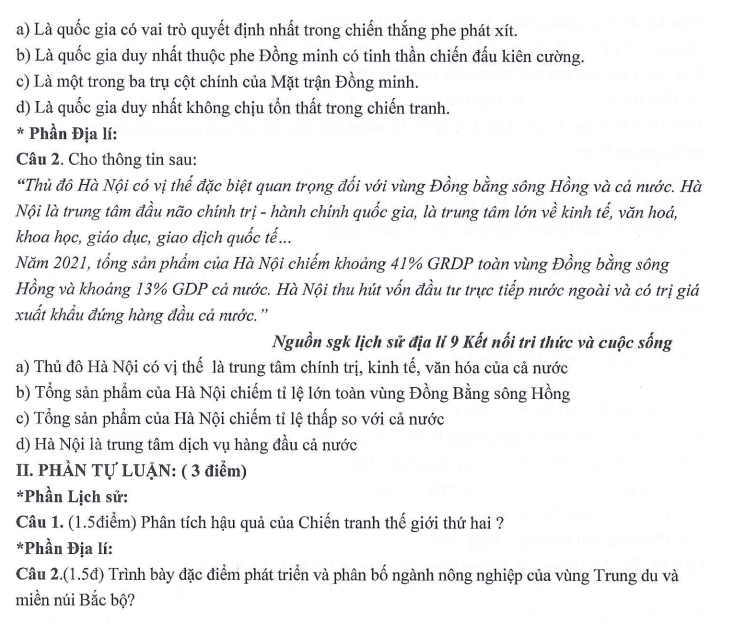 Đề thi Học kì 1 Lịch Sử và Địa Lí 9 năm 2025-2026 trường THCS Ngọc Lâm (Hà Nội)