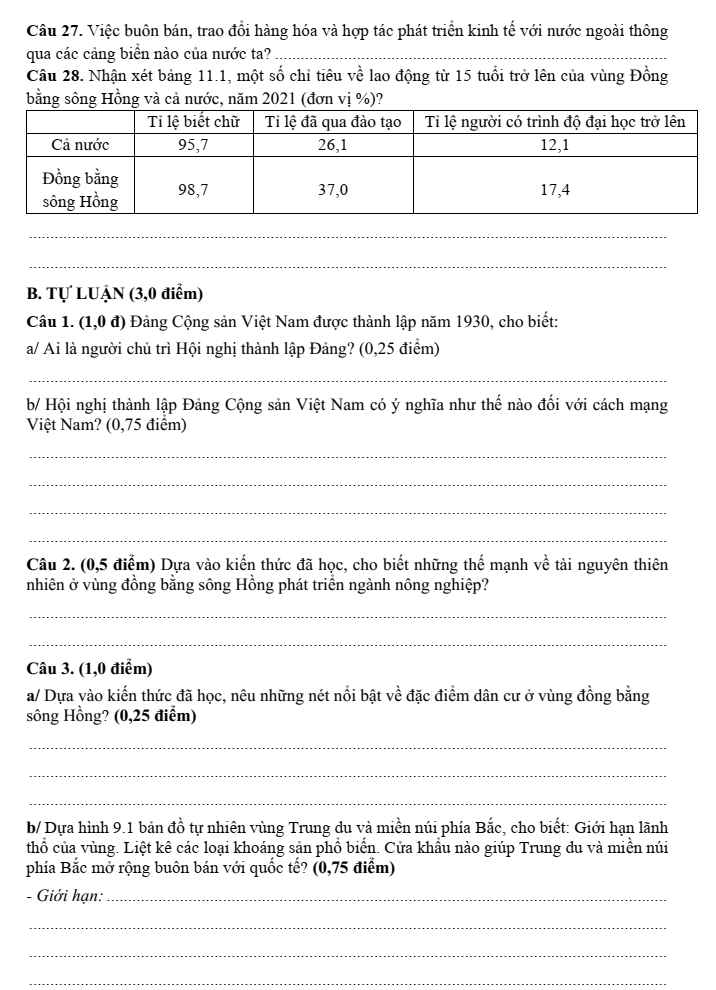 Đề thi Học kì 1 Lịch Sử và Địa Lí 9 năm 2025-2026 trường THCS Tân Trung (Tp.HCM)