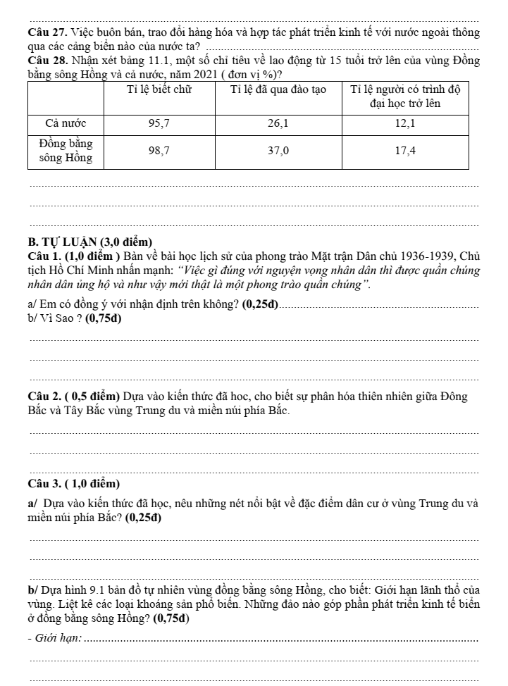 Đề thi Học kì 1 Lịch Sử và Địa Lí 9 năm 2025-2026 trường THCS Tân Trung (Tp.HCM)