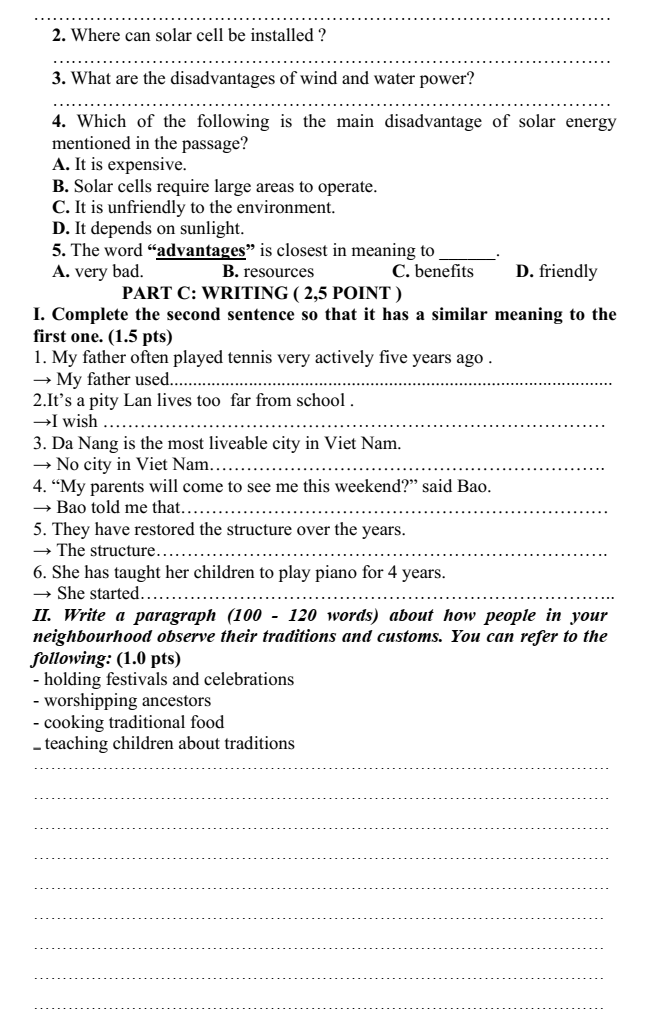 Đề thi Học kì 1 Tiếng Anh 9 năm 2024-2025 trường THCS Mỹ Tiến (Nam Định)